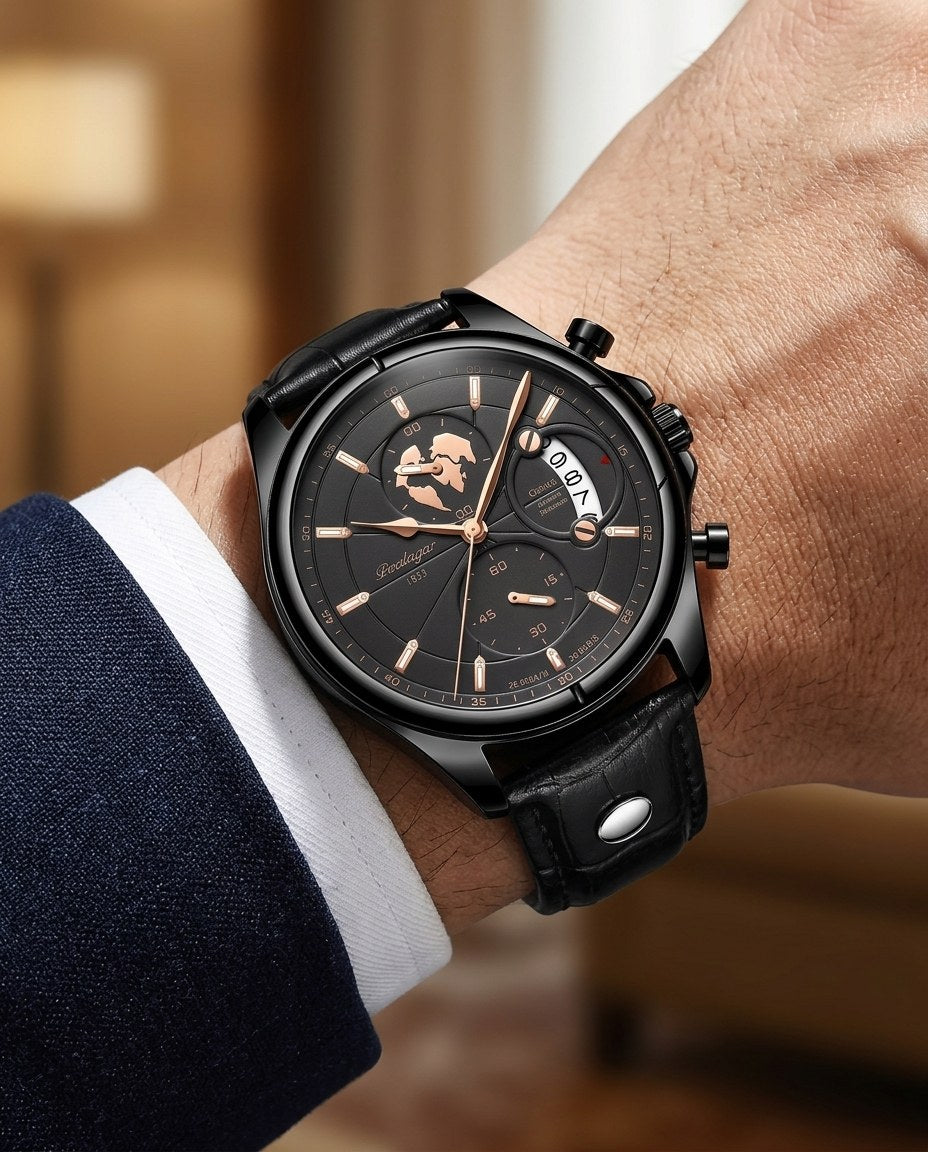 Globe Chronograph Leather Black case, Black dial on the wrist