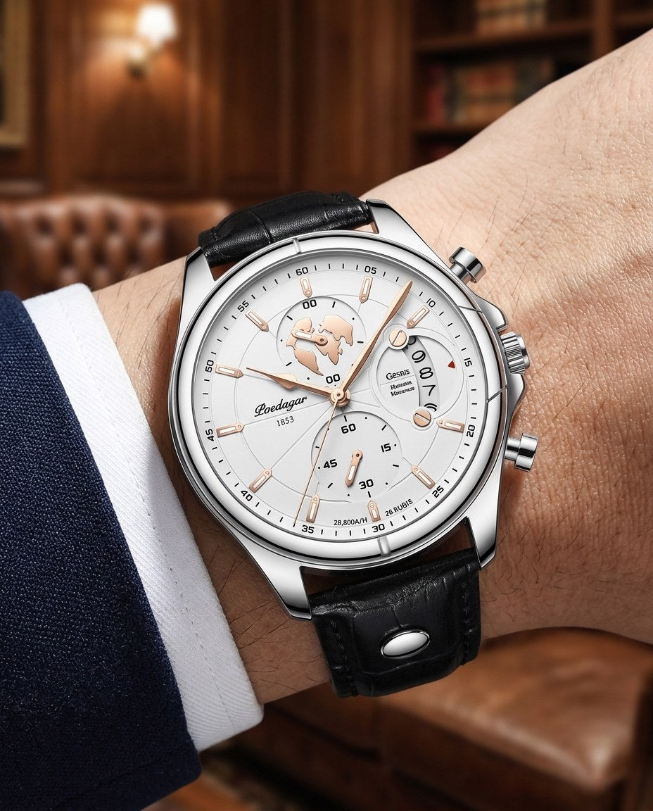 Globe Chronograph Leather Silver case, White dial on the wrist