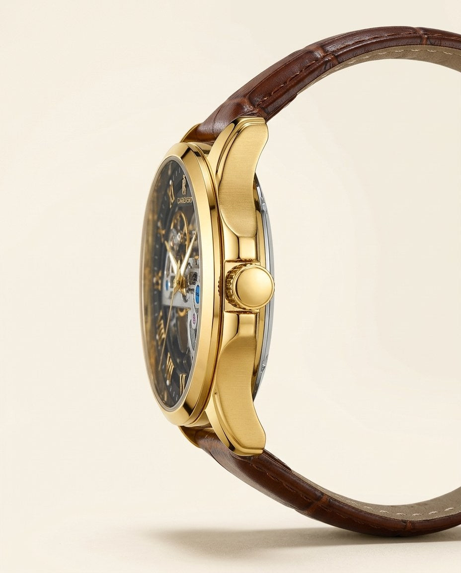 Phantom Skeleton Automatic Gold case, Black dial crown side