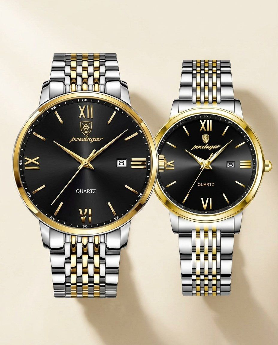 Roman Classic Couple Set Gold case, Black dial front