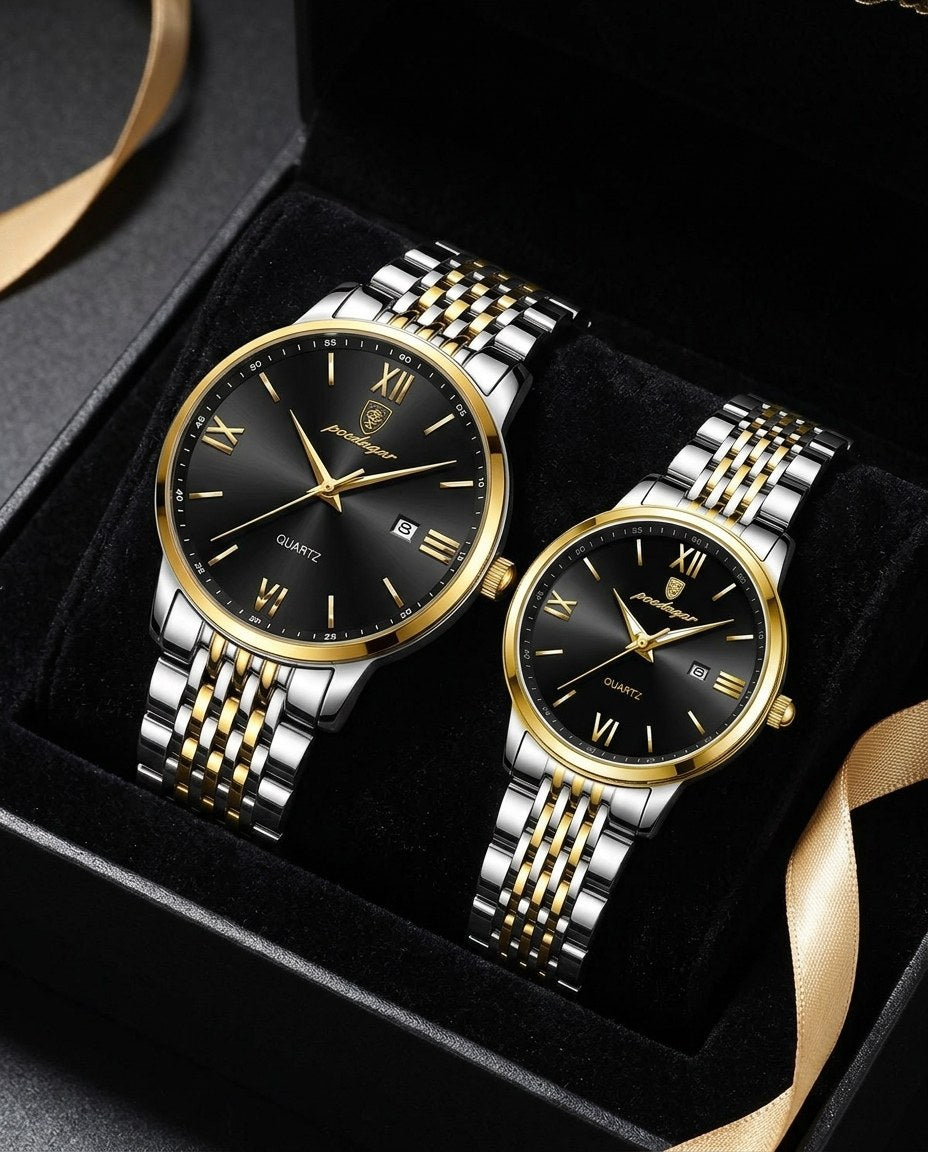 Roman Classic Couple Set Gold case, Black dial in the gift box