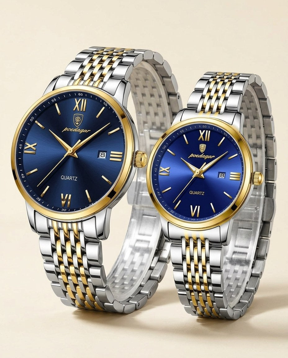 Roman Classic Couple Set Gold case, Blue dial