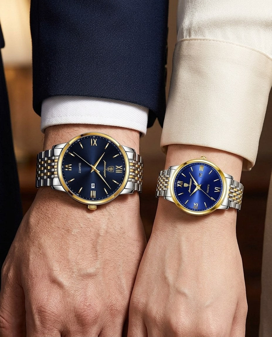 Roman Classic Couple Set Gold case, Blue dial on the wrist