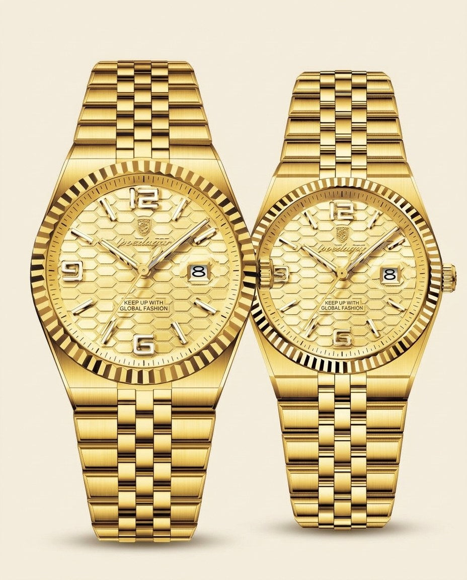 Golden Waffle Couple Set Gold case, Gold dial front
