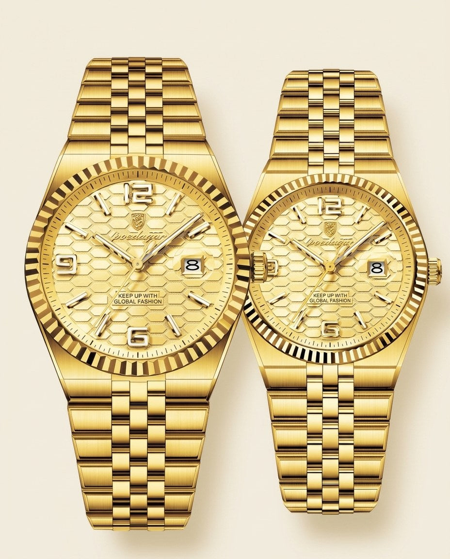 Golden Waffle Couple Set Gold case, Gold dial crown side
