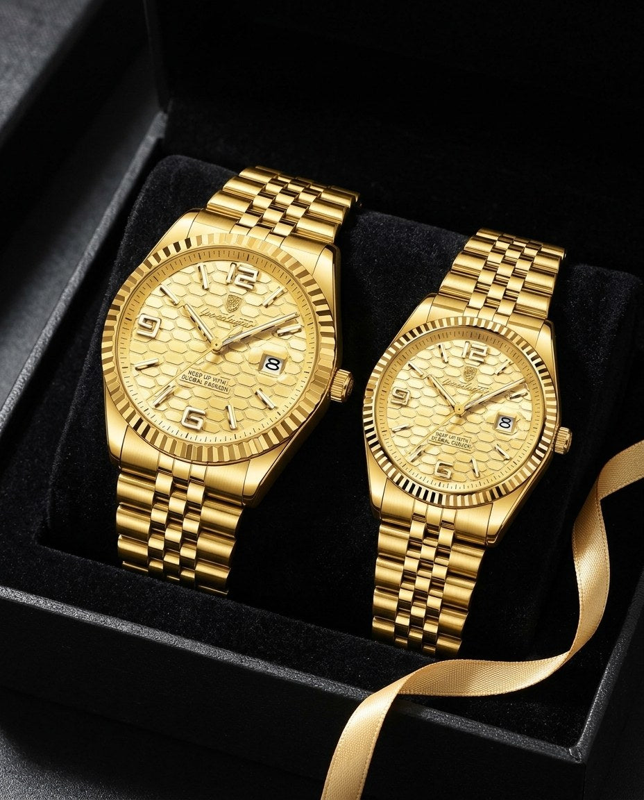 Golden Waffle Couple Set Gold case, Gold dial in the gift box