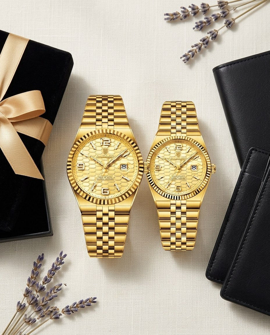 Golden Waffle Couple Set Gold case, Gold dial flat lay