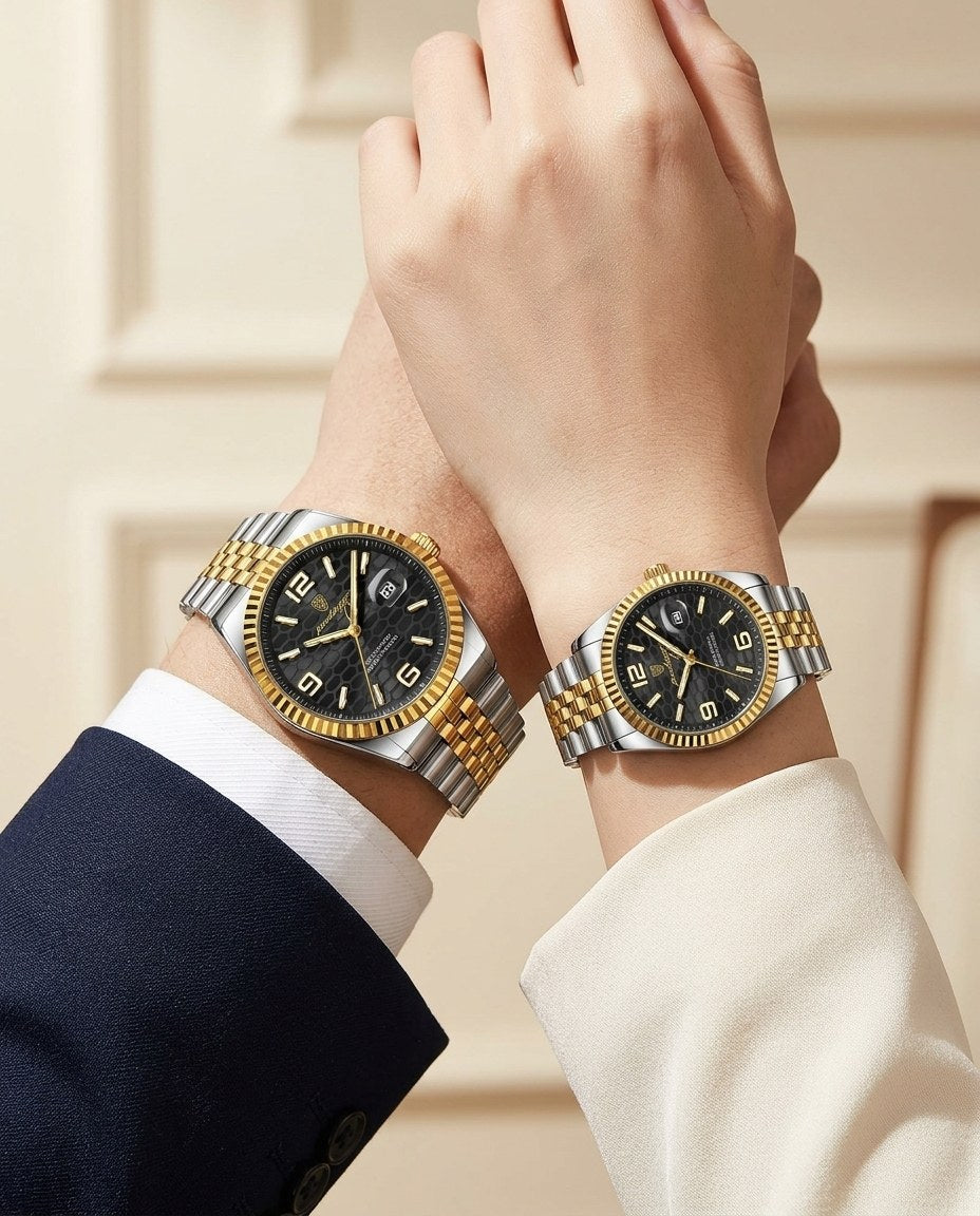 Golden Waffle Couple Set Gold case, Black dial on the wrist