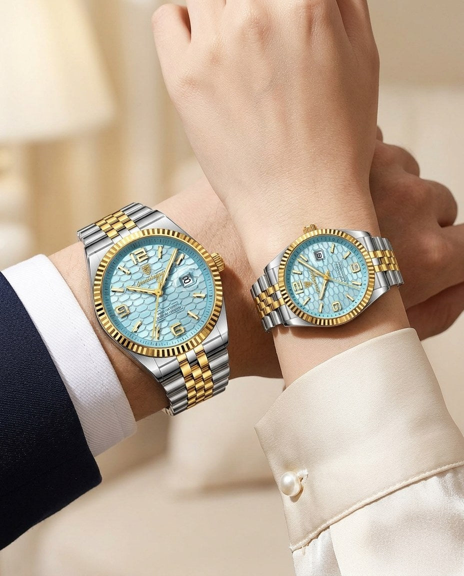 Golden Waffle Couple Set Gold case, Mint Blue dial on the wrist