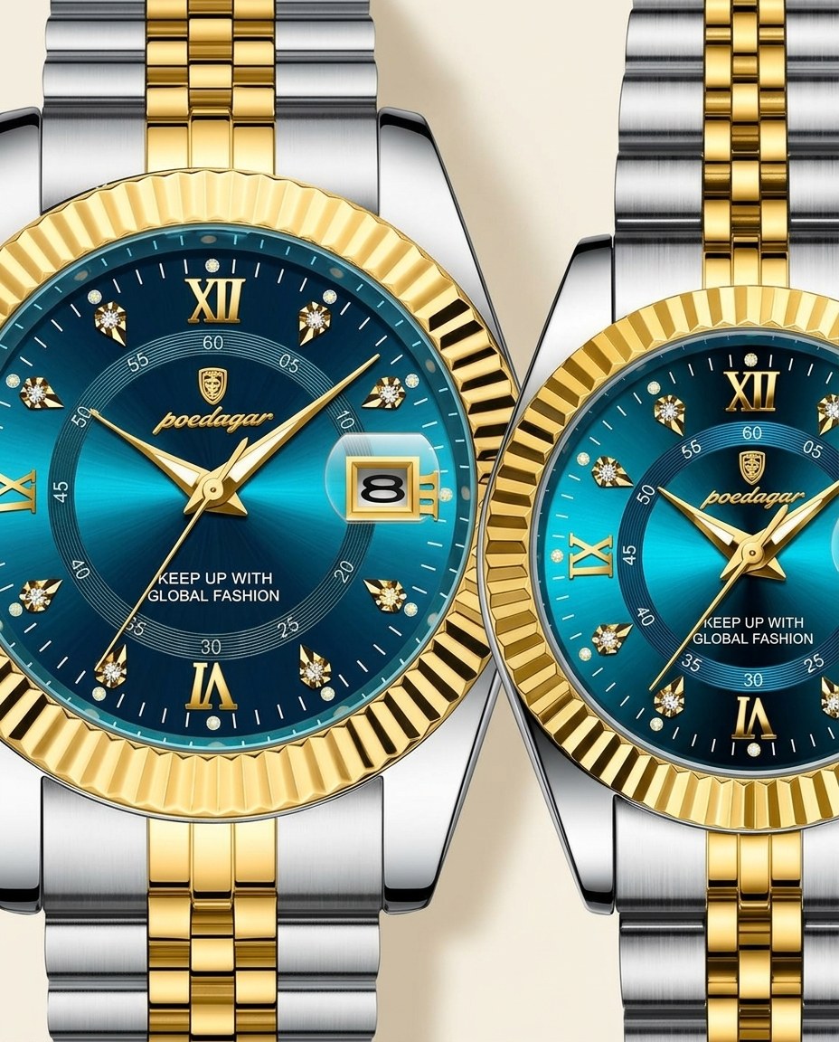 Royal Fluted Couple Set Gold case, Blue dial dial close-up