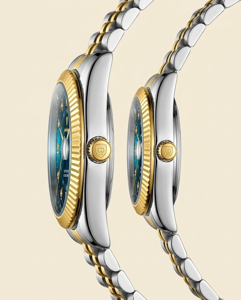 Royal Fluted Couple Set Gold case, Blue dial crown side