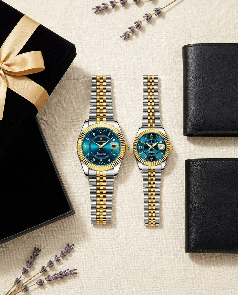 Royal Fluted Couple Set Gold case, Blue dial flat lay