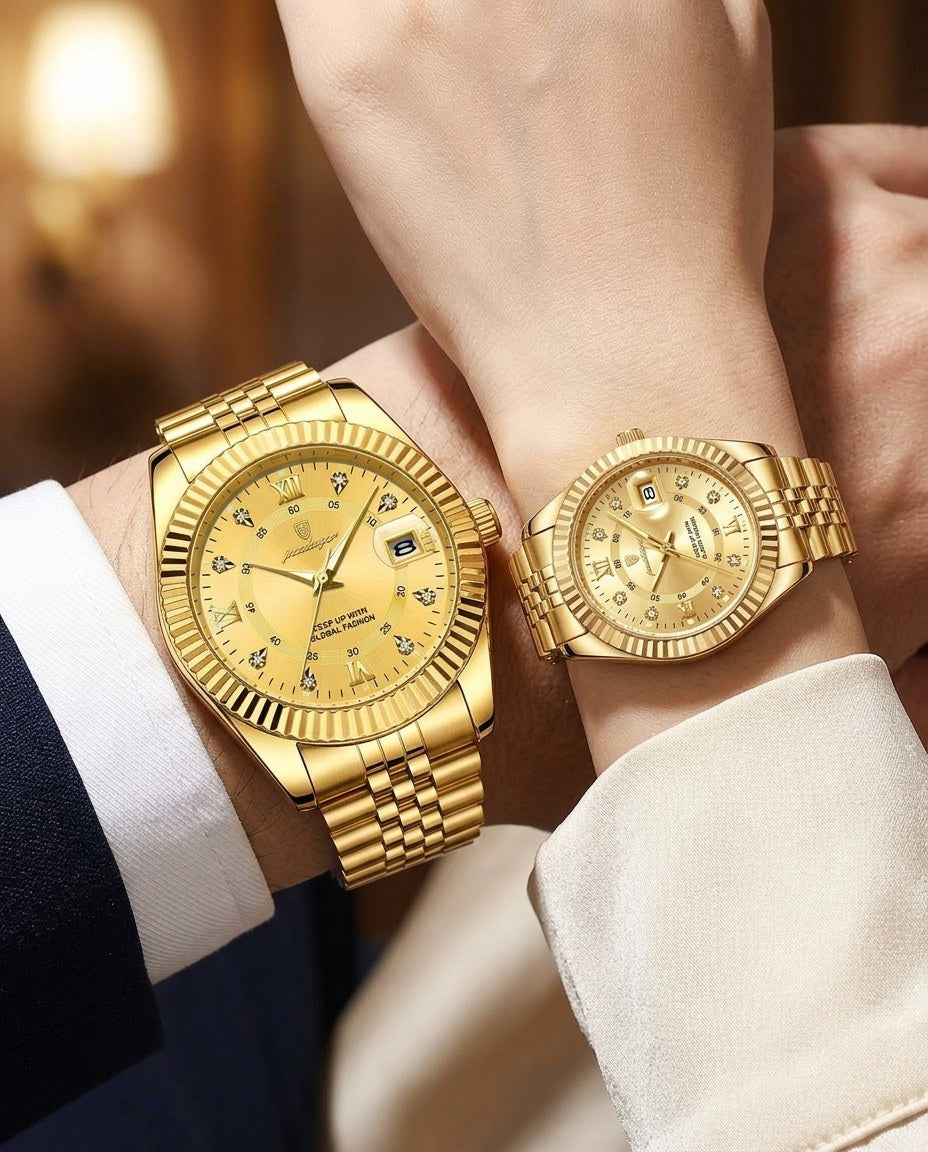 Royal Fluted Couple Set Gold case, Gold dial on the wrist