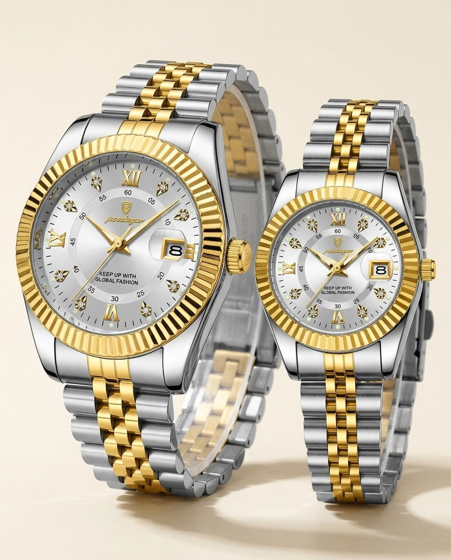 Royal Fluted Couple Set Gold case, White dial