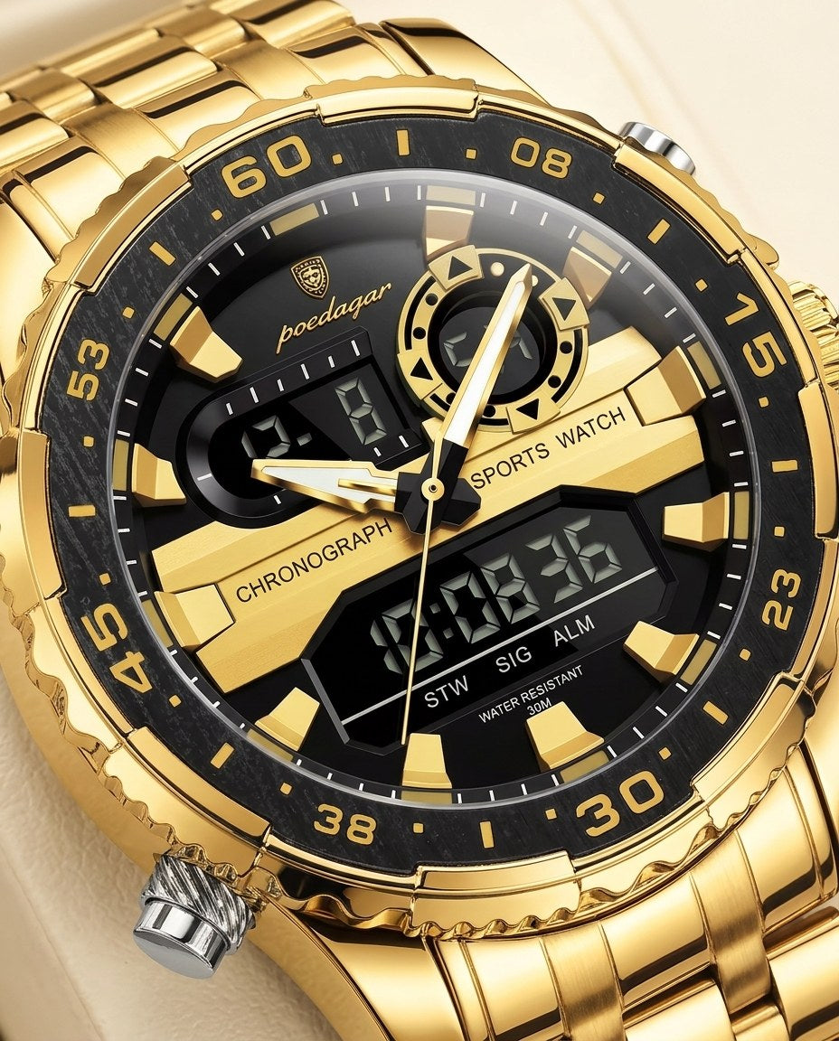 Commander Analog-Digital Gold case, Black dial dial close-up