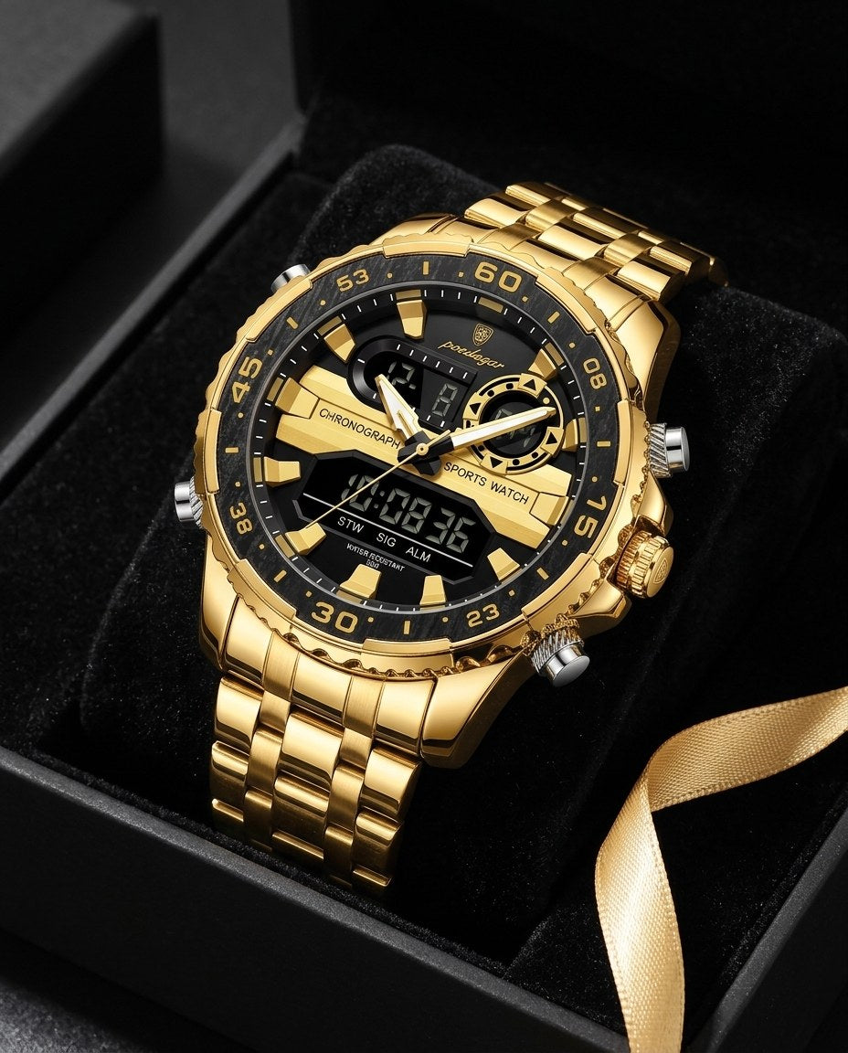 Commander Analog-Digital Gold case, Black dial in the gift box