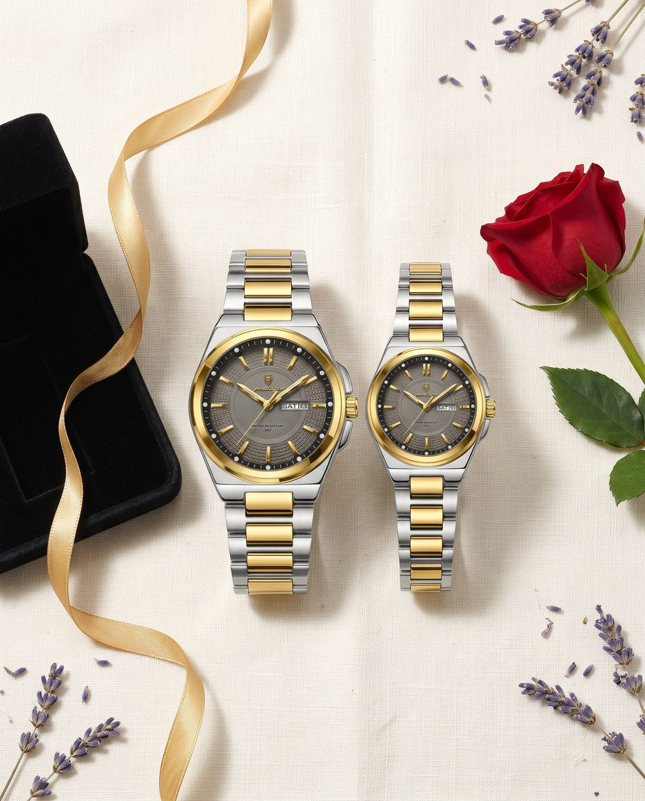 Imperial Day-Date Couple Set Gold case, Grey dial flat lay