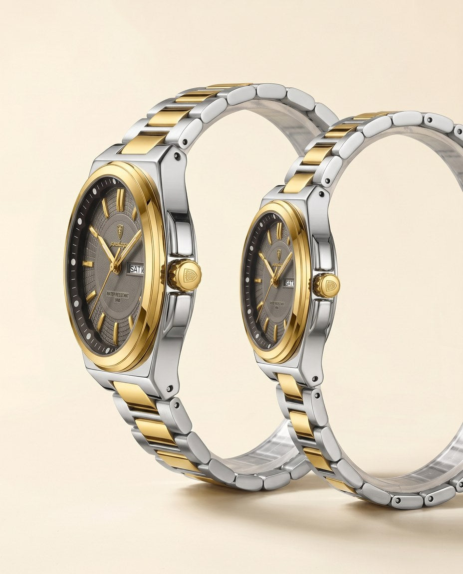 Imperial Day-Date Couple Set Gold case, Grey dial side view